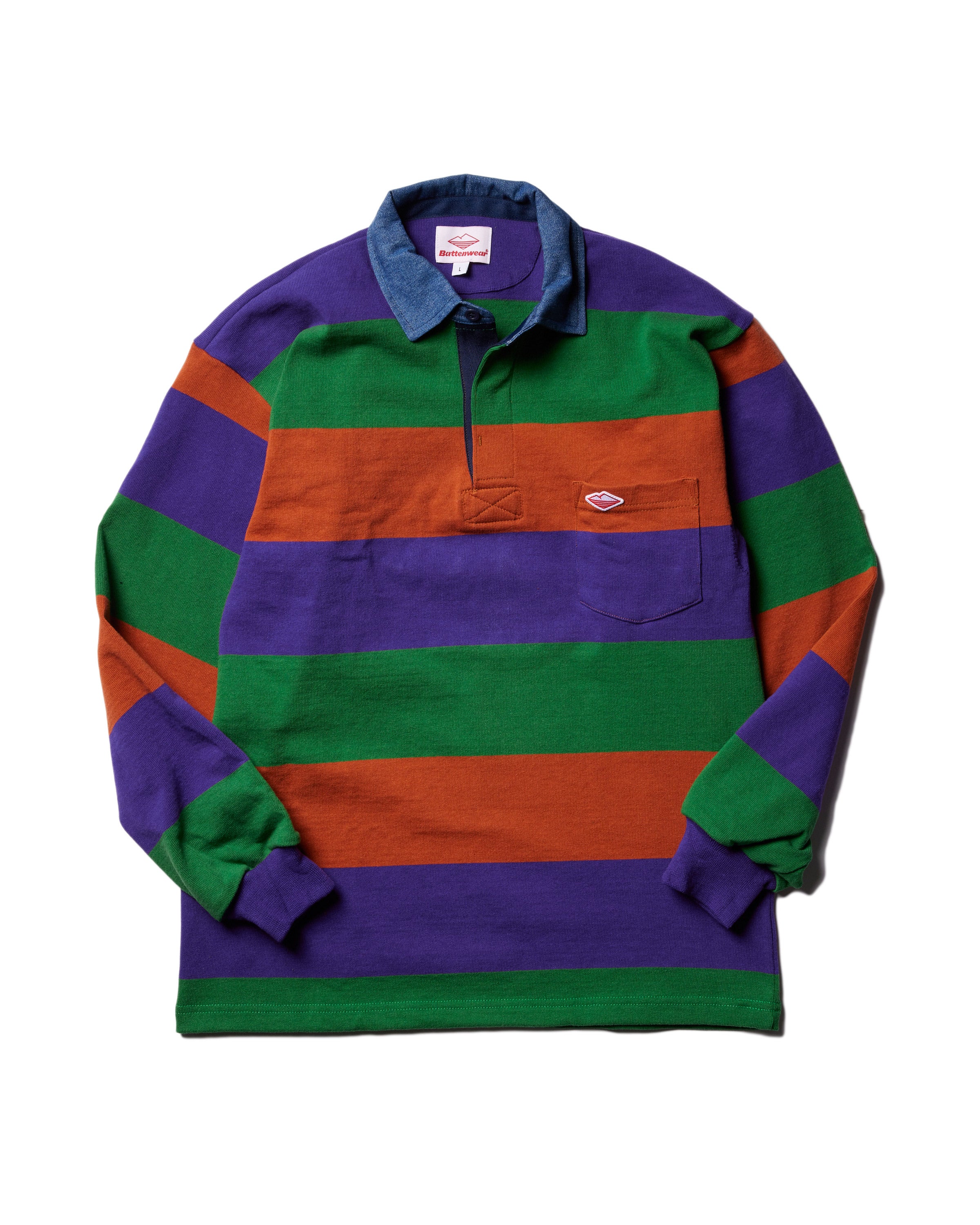 Evisen エビセン KNIT RUGBY SHIRT XL Pocket Rugby Shirt / Purple x Pine x Rust Stripe – Battenwear