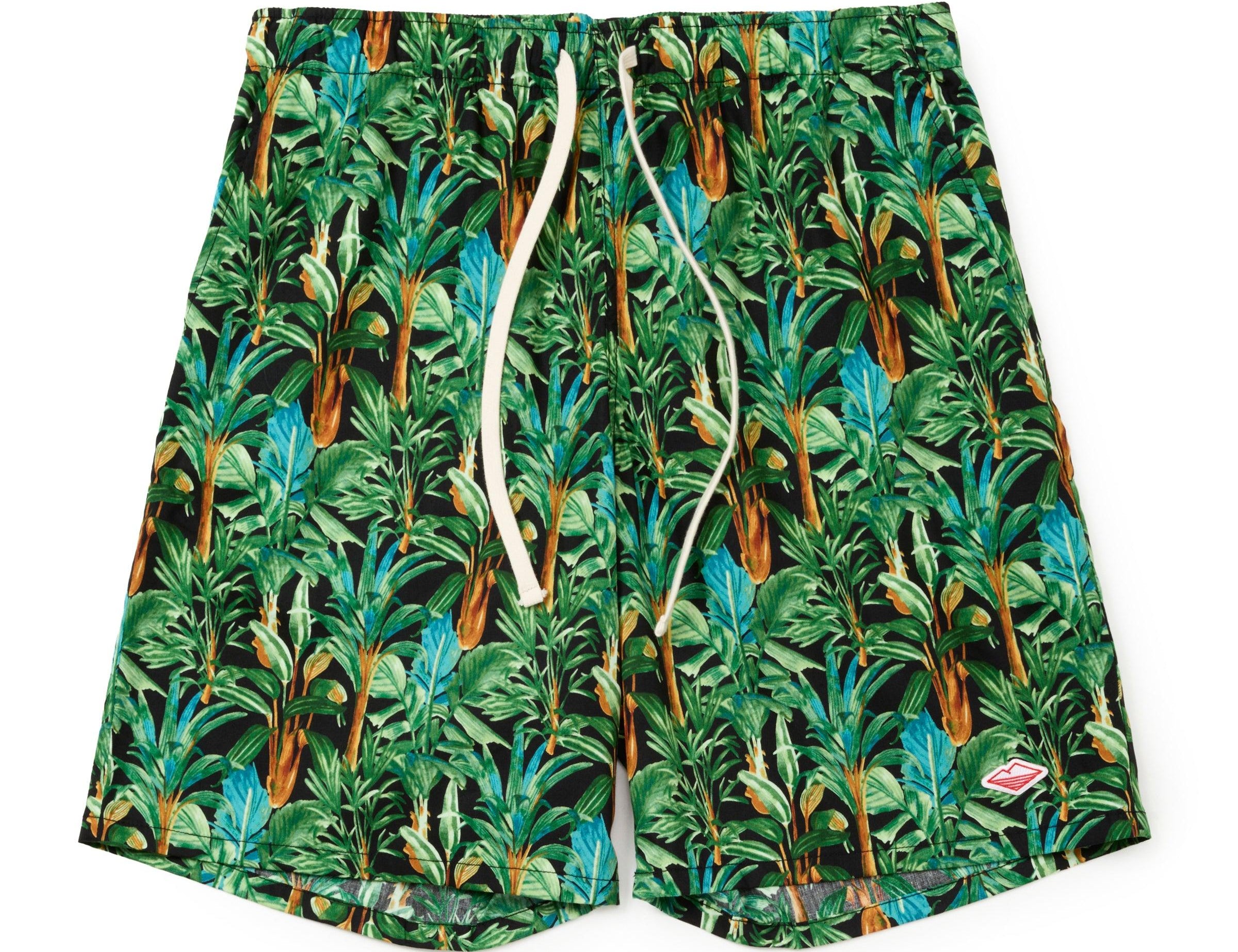 Battenwear Active Lazy Shorts in black botanica printed cotton with relaxed fit and elastic waist