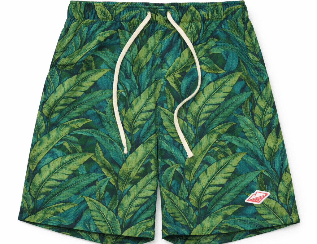 Battenwear Active Lazy Shorts in black banana leaf printed cotton with relaxed fit and elastic waist