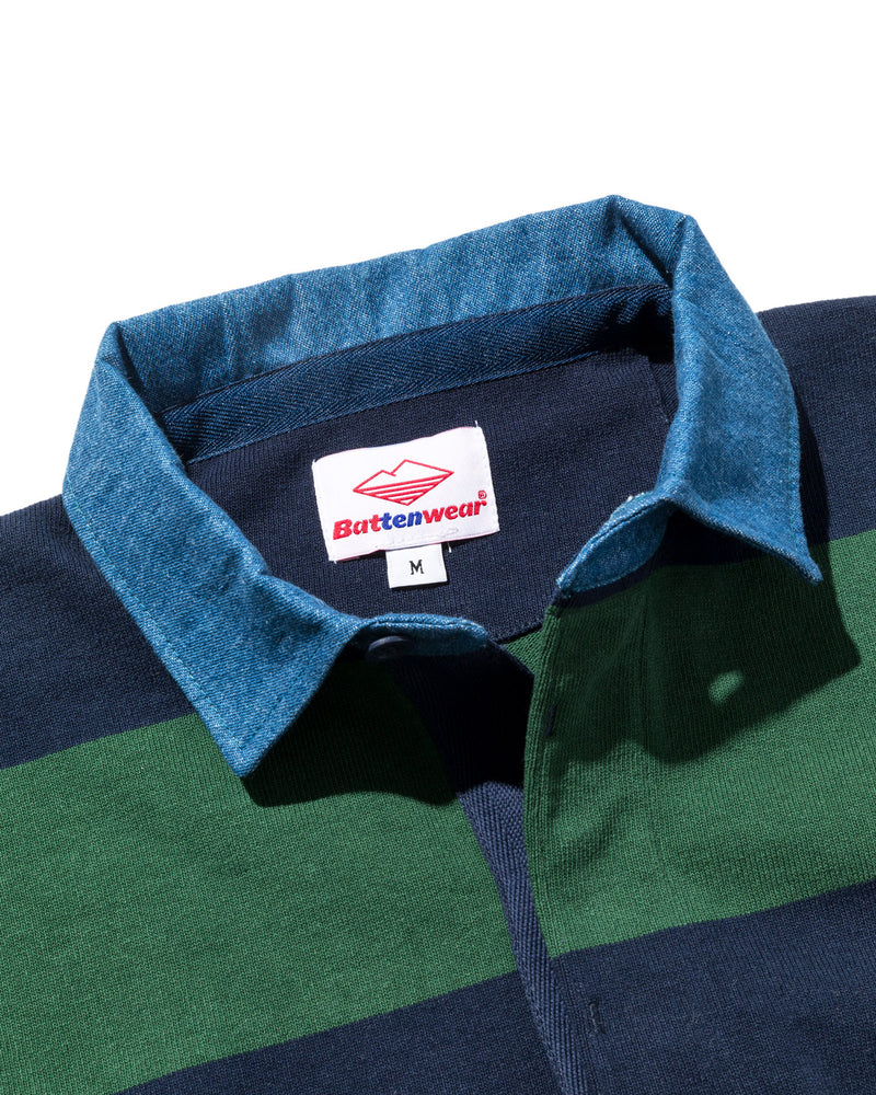 Pocket Rugby Shirt / Green x Navy Stripe